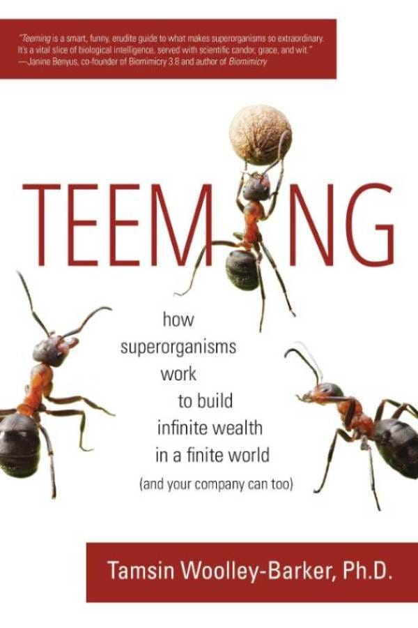 Book cover 'Teeming' with ants and subtitle.