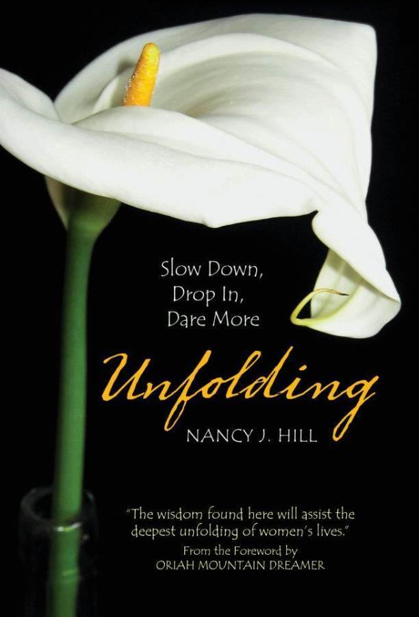 Book cover of 'Unfolding' featuring a white lily.
